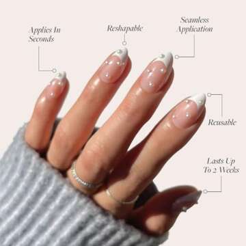 Glamnetic Press On Nails - French Pearl | Short Almond French Tip Nails with Pearl Accents, Reusable Stick On Fake Nails with Glue | Love In Bloom Valentine’s Nails | 15 Sizes - 30 Nail Kit with Glue