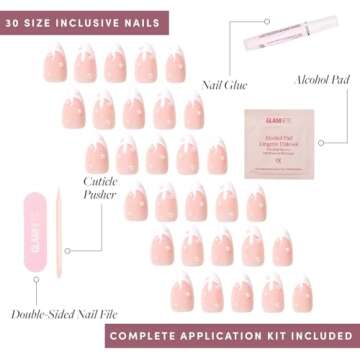 Glamnetic Press On Nails - French Pearl | Short Almond French Tip Nails with Pearl Accents, Reusable Stick On Fake Nails with Glue | Love In Bloom Valentine’s Nails | 15 Sizes - 30 Nail Kit with Glue