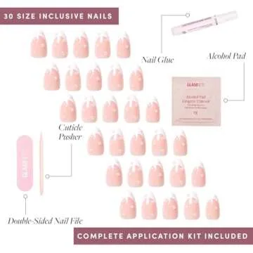 Glamnetic Press On Nails - French Pearl | Short Almond French Tip Nails with Pearl Accents, Reusable Stick On Fake Nails with Glue | Love In Bloom Valentine’s Nails | 15 Sizes - 30 Nail Kit with Glue