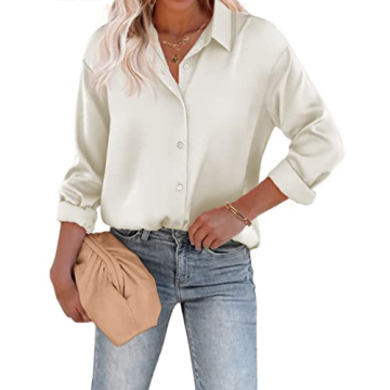 Stylish Chigant Women's Satin Silk Long Sleeve Button Down Shirt in Beige