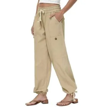 Oymyakon Women's Baggy Cargo Pants with Pockets Y2K Elastic Waist Trousers Cotton Casual Hiking Pants(Khaki,Large)