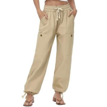 Oymyakon Women's Baggy Cargo Pants with Pockets Y2K Elastic Waist Trousers Cotton Casual Hiking Pants(Khaki,Large)