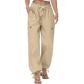Oymyakon Women's Baggy Cargo Pants with Pockets Y2K Elastic Waist Trousers Cotton Casual Hiking Pants(Khaki,Large)