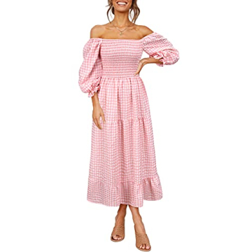 UIMLK Boho Flowy Dress Off The Shoulder Midi Ruffle Pink