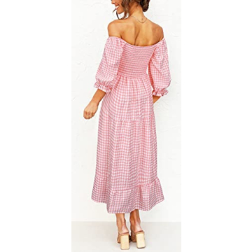UIMLK Boho Flowy Dress Off The Shoulder Midi Ruffle Pink