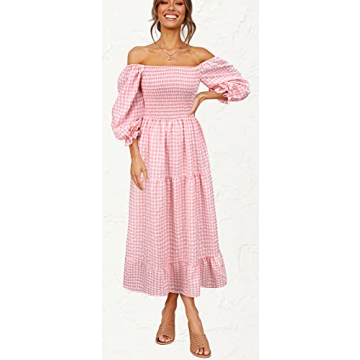 UIMLK Boho Flowy Dress Off The Shoulder Midi Ruffle Pink