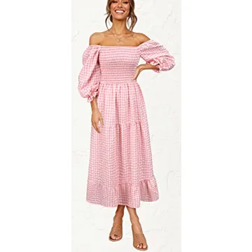 UIMLK Boho Flowy Dress Off The Shoulder Midi Ruffle Pink