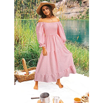 UIMLK Boho Flowy Dress Off The Shoulder Midi Ruffle Pink