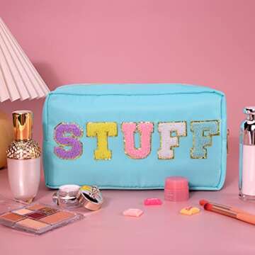 Nylon Preppy Makeup Bag Stuff Cosmetic Bag Blue Makeup Pouch with Chenille Varsity Letter Patch Travel Toiletry Bag Organizer Cute Makeup Brushes Storage Bag for Women