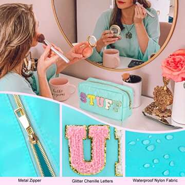 Nylon Preppy Makeup Bag Stuff Cosmetic Bag Blue Makeup Pouch with Chenille Varsity Letter Patch Travel Toiletry Bag Organizer Cute Makeup Brushes Storage Bag for Women