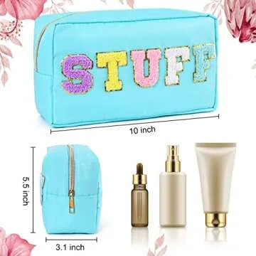 Nylon Preppy Makeup Bag Stuff Cosmetic Bag Blue Makeup Pouch with Chenille Varsity Letter Patch Travel Toiletry Bag Organizer Cute Makeup Brushes Storage Bag for Women