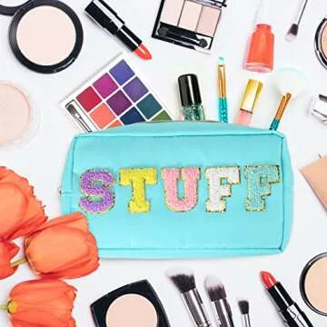 Nylon Preppy Makeup Bag Stuff Cosmetic Bag Blue Makeup Pouch with Chenille Varsity Letter Patch Travel Toiletry Bag Organizer Cute Makeup Brushes Storage Bag for Women