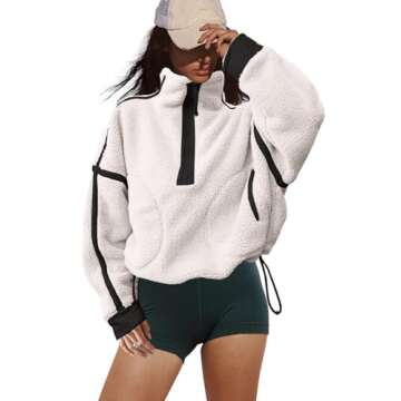 LAMISSCHE Half Zip Sweatshirt Women Oversized Sherpa Jacket V Neck Fleece Pullover Hoodie with Pockets(Cream,L)