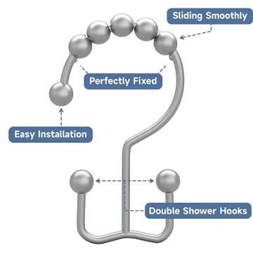 Titanker Shower Curtain Hooks Rings, Rust-Resistant Metal Double Glide Shower Hooks for Bathroom Shower Rods Curtains, Set of 12 Hooks - Space Silver