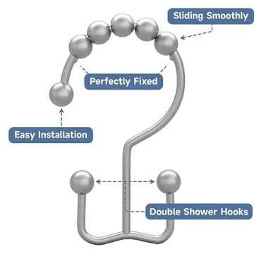 Titanker Shower Curtain Hooks Rings, Rust-Resistant Metal Double Glide Shower Hooks for Bathroom Shower Rods Curtains, Set of 12 Hooks - Space Silver