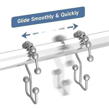 Titanker Shower Curtain Hooks Rings, Rust-Resistant Metal Double Glide Shower Hooks for Bathroom Shower Rods Curtains, Set of 12 Hooks - Space Silver