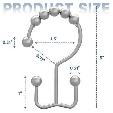 Titanker Shower Curtain Hooks Rings, Rust-Resistant Metal Double Glide Shower Hooks for Bathroom Shower Rods Curtains, Set of 12 Hooks - Space Silver