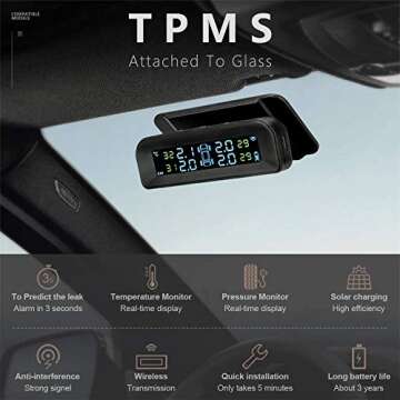Tire Pressure Monitoring System Wireless Solar TPMS, Tire Pressure Monitor Installed on Windowshield with 4 External Sensors Real-time Display Temperature Pressure 22-87 PSI for Car RV SUV MPV Sedan