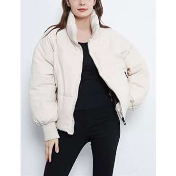 Tanming Womens Casual Puffer Jacket Long Sleeve Full Zip Black Padded Winter Coat (Beige, L)