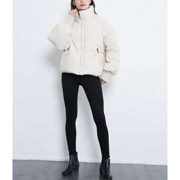 Tanming Womens Casual Puffer Jacket Long Sleeve Full Zip Black Padded Winter Coat (Beige, L)