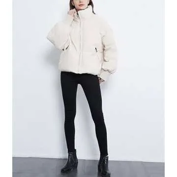 Tanming Womens Casual Puffer Jacket Long Sleeve Full Zip Black Padded Winter Coat (Beige, L)