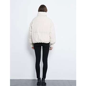 Tanming Womens Casual Puffer Jacket Long Sleeve Full Zip Black Padded Winter Coat (Beige, L)