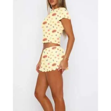 Cioatin Women 2 Pieces Pajama Sets Y2K Summer Floral Fruit Print Lounge Set Short Sleeve Crop Tops and Shorts Sleepwear