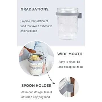 KOIKEY Overnight Oats Container Mason Jars - 10oz Yogurt Oatmeal Glass Canning with Lids and Spoon for Portable Breakfast and Lunch, Cereal, Milk, Fruit Salad Refrigerated Storage, Grey Pack of 2