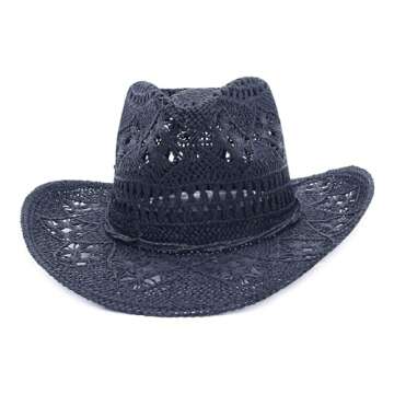 GEMVIE Men & Women's Summer Cowboy Cowgirl Straw Hat Hollow Out Style Roll Up Brim Cowboy Sun Hat Navy Blue