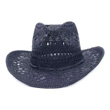 GEMVIE Men & Women's Summer Cowboy Cowgirl Straw Hat Hollow Out Style Roll Up Brim Cowboy Sun Hat Navy Blue