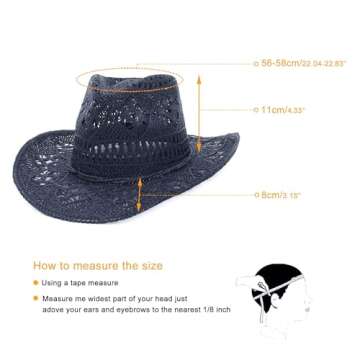 GEMVIE Men & Women's Summer Cowboy Cowgirl Straw Hat Hollow Out Style Roll Up Brim Cowboy Sun Hat Navy Blue