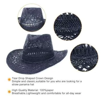 GEMVIE Men & Women's Summer Cowboy Cowgirl Straw Hat Hollow Out Style Roll Up Brim Cowboy Sun Hat Navy Blue