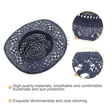 GEMVIE Men & Women's Summer Cowboy Cowgirl Straw Hat Hollow Out Style Roll Up Brim Cowboy Sun Hat Navy Blue