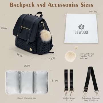 SEWBOO Diaper Bag BackPack Large Capacity Travel Mommy Bag Waterproof and Stylish with Changing Pad Baby Bag for Women and Girls