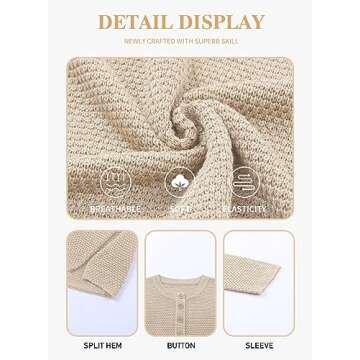 Eytino Womens Plus Size Waffle Knit V Neck Sweater Casual Button Down Henley Shirts Side Split Pullover Sweaters,1X Khaki