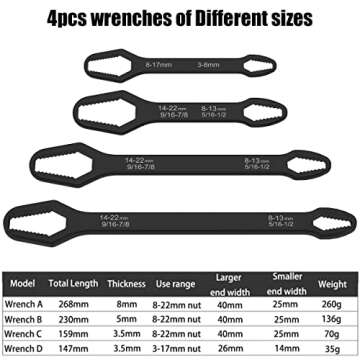 4 PCS Universal Torx Wrench Double-Head Self-Tightening Wrench, 3mm-22mm Adjustable Glasses Wrench, ...
