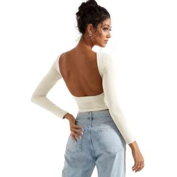 SUUKSESS Women Backless Going Out Tops Double Lined Open Back Basic Long Sleeve T Shirts (Off White, S)