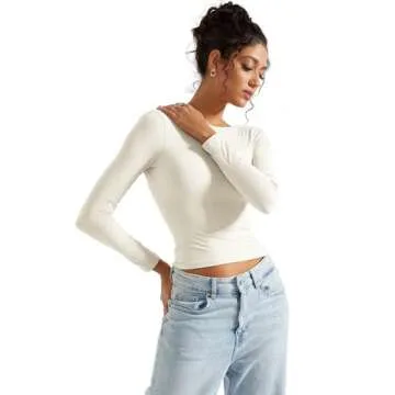 SUUKSESS Women Backless Going Out Tops Double Lined Open Back Basic Long Sleeve T Shirts (Off White, S)