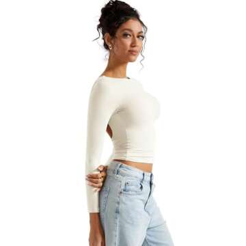 SUUKSESS Women Backless Going Out Tops Double Lined Open Back Basic Long Sleeve T Shirts (Off White, S)