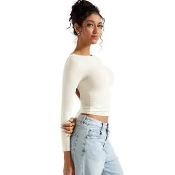SUUKSESS Women Backless Going Out Tops Double Lined Open Back Basic Long Sleeve T Shirts (Off White, S)