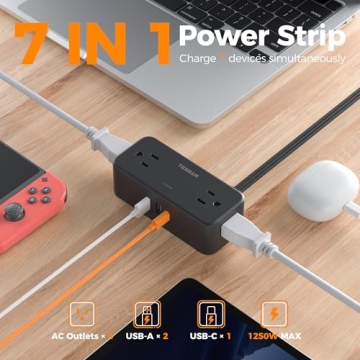 TESSAN Black Extension Cord 5 Ft, Flat Surge Protector Power Strip with 4 Wide Spaced AC Outlets 3 U...