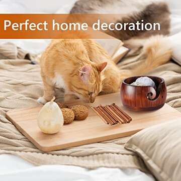 Wooden Yarn Bowl Crocheting Round Knitting Wool Storage Yarn Bowl Handmade with Holes 12 Pieces Crochet Hooks for Knitting DIY Crafts Tools(6 x 6 x 3 Inch,Dark Brown)