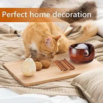 Wooden Yarn Bowl Crocheting Round Knitting Wool Storage Yarn Bowl Handmade with Holes 12 Pieces Crochet Hooks for Knitting DIY Crafts Tools(6 x 6 x 3 Inch,Dark Brown)