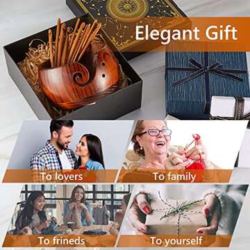 Wooden Yarn Bowl Crocheting Round Knitting Wool Storage Yarn Bowl Handmade with Holes 12 Pieces Crochet Hooks for Knitting DIY Crafts Tools(6 x 6 x 3 Inch,Dark Brown)