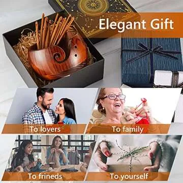 Wooden Yarn Bowl Crocheting Round Knitting Wool Storage Yarn Bowl Handmade with Holes 12 Pieces Crochet Hooks for Knitting DIY Crafts Tools(6 x 6 x 3 Inch,Dark Brown)