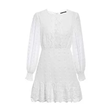 Miessial Women's Long Sleeve Chiffon Lace Mini Dress Cute Ruffle Short Swing Dress White 0/2