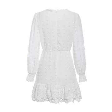 Miessial Women's Long Sleeve Chiffon Lace Mini Dress Cute Ruffle Short Swing Dress White 0/2