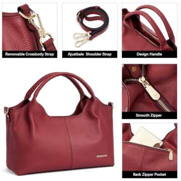 BOSTANTEN Genuine Leather Purses for Women Designer Handbags Crossbody Shoulder Bags Top Handle Satchel with Adjustable Strap (Red)