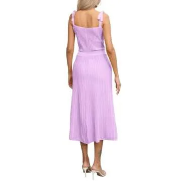 Womens Dresses Summer 2024 Casual Maxi Tie Straps Ribbed Knit Dress Light Purple Lilac S