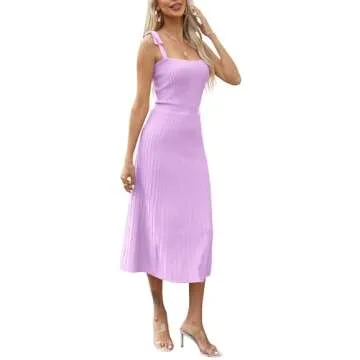 Womens Dresses Summer 2024 Casual Maxi Tie Straps Ribbed Knit Dress Light Purple Lilac S
